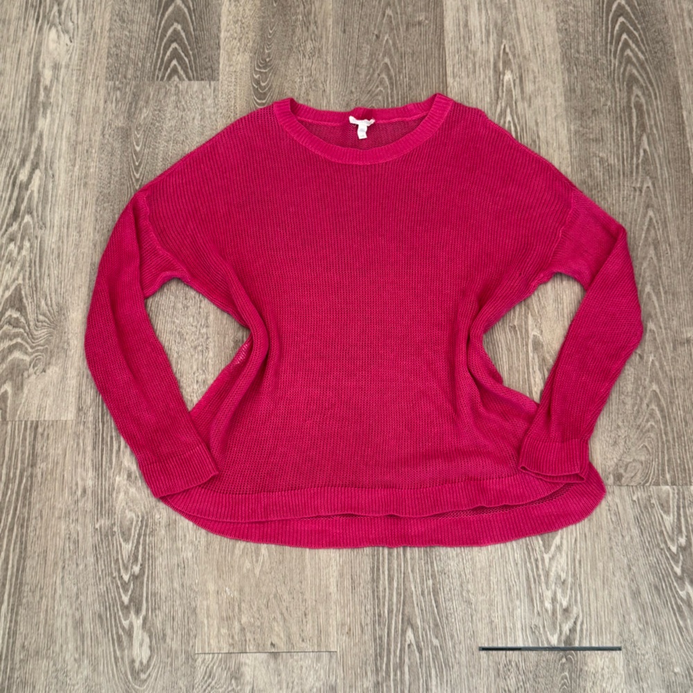 Eileen Fisher Organic Linen Pink Knit Crochet Crewneck Preppy Sweater L